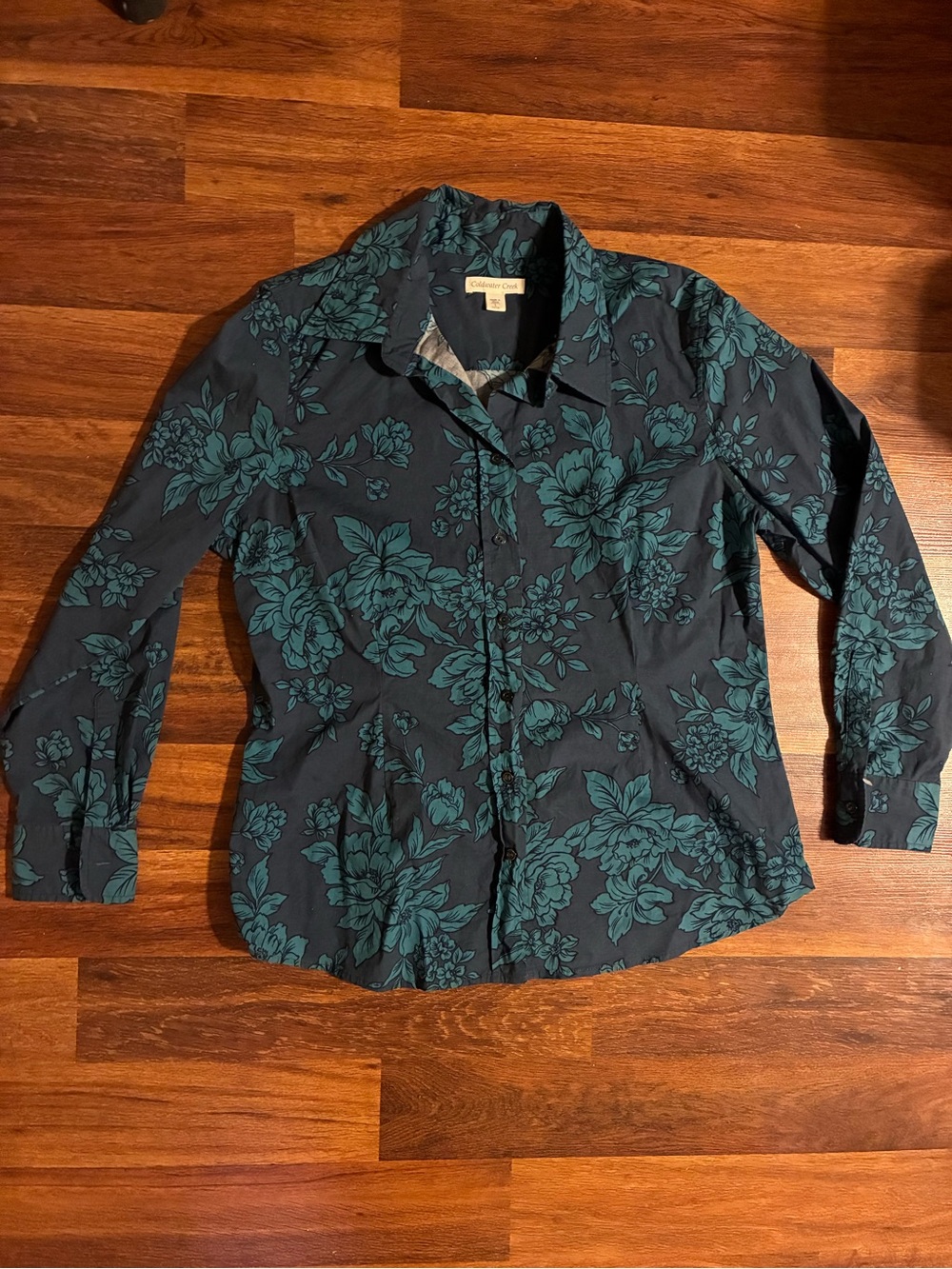 Coldwater Creek Teal Floral Button-Down Shirt on Black